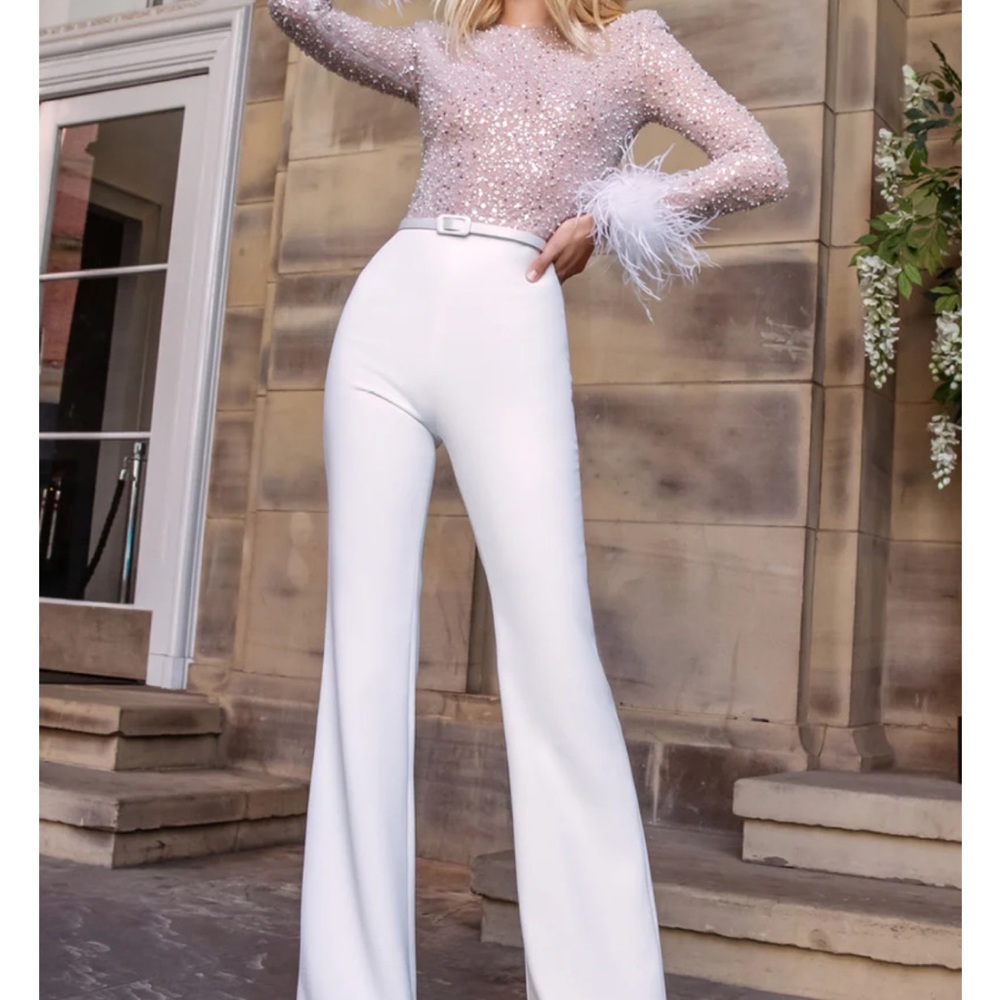 NADINE MERABI White High-Waist Flared Trousers